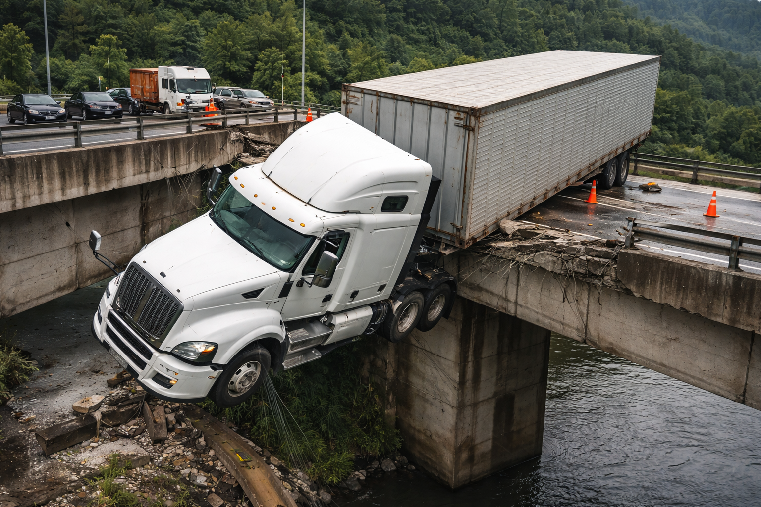 Motorista em estado grave após acidente com caminhão que caiu de ponte